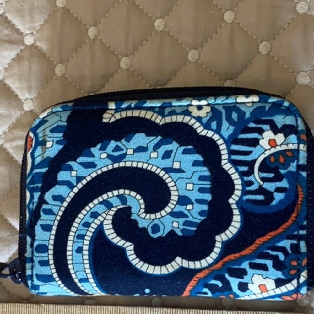 Vera Bradley small zip-around paisley ID wallet blue and orange paisley pattern